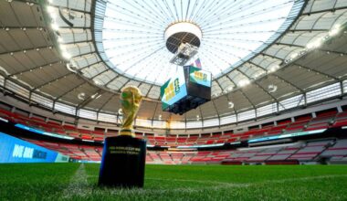 FIFA World Cup Trophy displayed at BC Place Stadium on July 26, 2024 in Vancouver. (Ethan Cairns/Getty Images for FIFA)