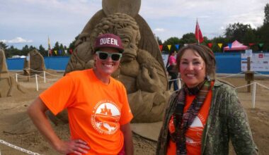 Hanneke Supply from Belgium and Helena Bangert from the Netherlands took first place in the doubles event at the Quality Foods Sand Sculpting Competition in Parksville on July 12. (Kevin Forsyth photo)