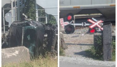 No one was injured after a freight train struck a crashed vehicle at a rail crossing east of Mission on Sunday (July 12). (Facebook Photos)