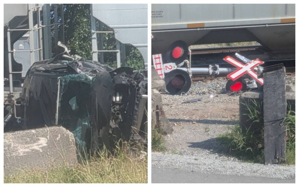 No one was injured after a freight train struck a crashed vehicle at a rail crossing east of Mission on Sunday (July 12). (Facebook Photos)