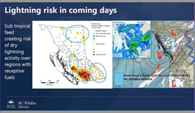 This map shows the driest parts of B.C. overlaid with the areas most likely to see dry lightning. (Map courtesy BC Wildfire Service)