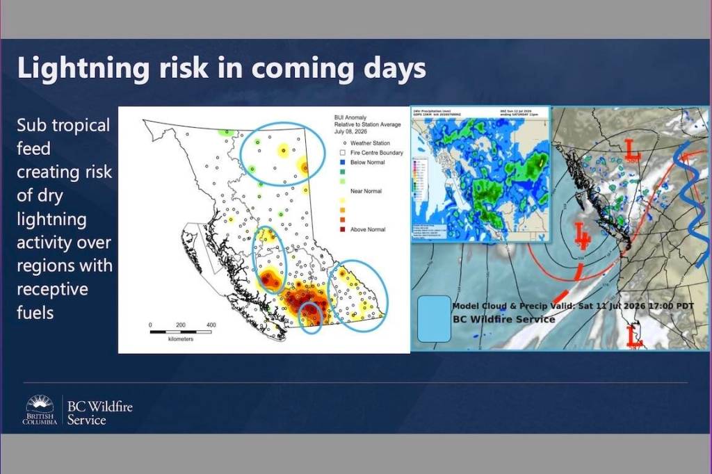 This map shows the driest parts of B.C. overlaid with the areas most likely to see dry lightning. (Map courtesy BC Wildfire Service)