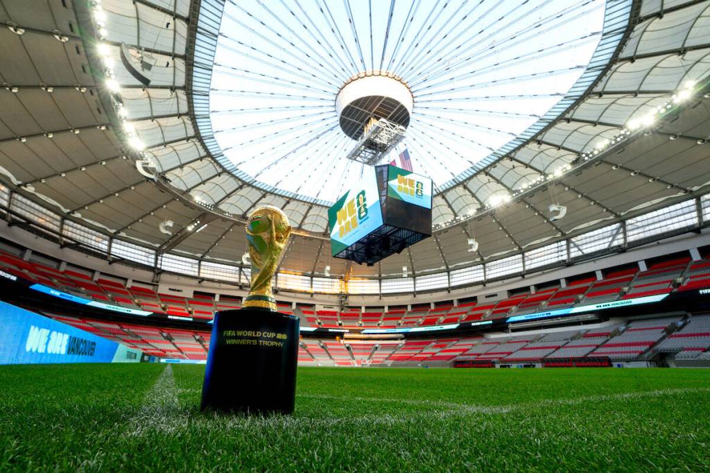 FIFA World Cup Trophy displayed at BC Place Stadium on July 26, 2024 in Vancouver. (Ethan Cairns/Getty Images for FIFA)