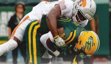 Hergy Mayala, top of the B.C. Lions tackles Javon Leake of the Edmonton Elks during CFL action Friday, July 17, 2026 at Commonwealth Stadium in Edmonton. (https://x.com/BCLions)