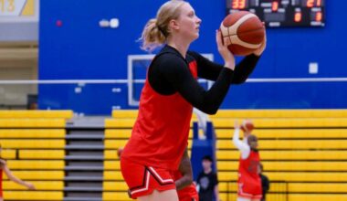 Surrey’s Tara Wallack lines up a shot at Tuesday’s training session at UVic, as Canada’s senior women’s national team prepares to face UCLA in Wednesday night’s exhibition. (Tony Trozzo/Victoria News)