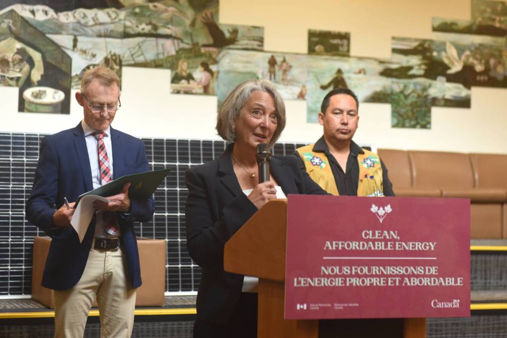Environment Minister Julie Dabrusin announces federal funding for two Yukon clean‑energy projects during a July 29 event at Yukon University. (Jake Howarth/Yukon News)