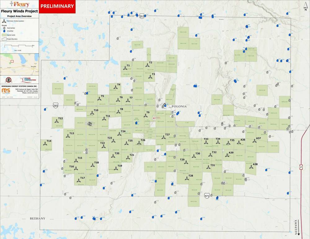 Fleurywinds.ca
A map of the proposed project identifies locations of turbine sites and nearby residences; land in green designates signed lands.