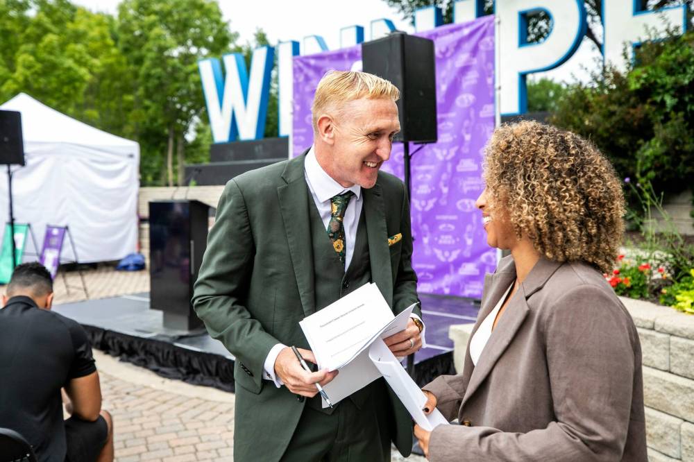 MIKAELA MACKENZIE / FREE PRESS
Team co-founders Rob Gale and Desiree Scott at the announcement of the first women’s pro team NSL Winnipeg on Tuesday at The Forks.