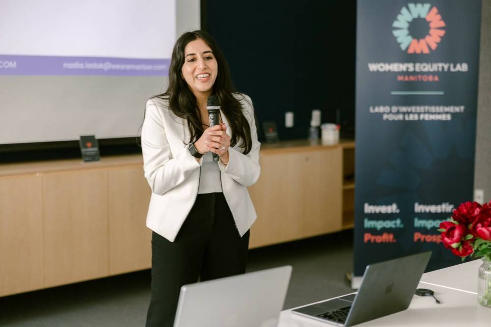 SUPPLIED
Marlow co-founder Nadia Ladak pitches the Toronto-based startup to Women’s Equity Lab Manitoba investors in Winnipeg last month. Right: A selection of Marlow period care products.