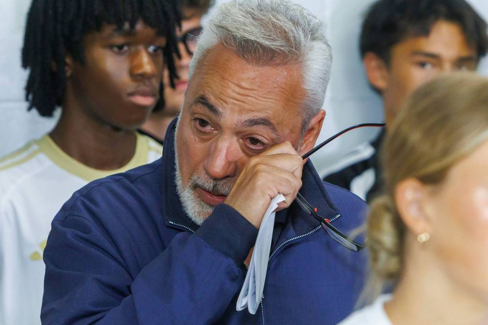 MIKE DEAL / FREE PRESS
Raff Cantafio wipes away a tear after speaking during an announcement Friday that the province will be investing $750,000 to support upgrades to the Ralph Cantafio Soccer Complex.