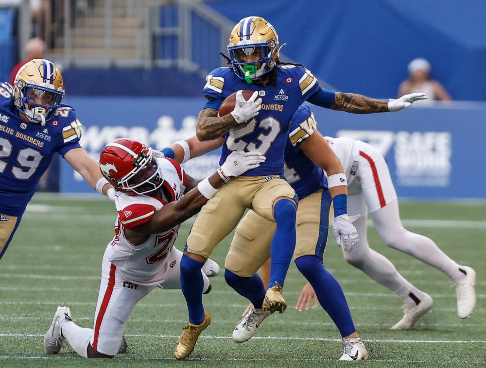 THE CANADIAN PRESS/John Woods
Winnipeg Blue Bombers’ Trey Vaval returns a punt against the Calgary Stampeders during the first half in Winnipeg on Friday.