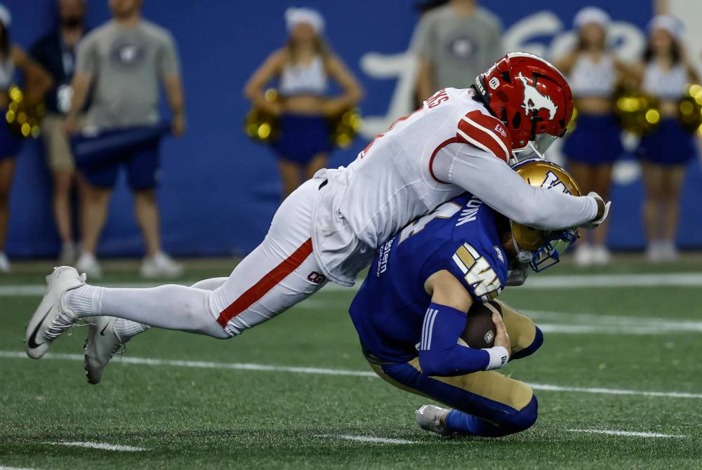 JOHN WOODS / THE CANADIAN PRESS
Quarterback Dru Brown gets sacked by Stampeders’ Clarence Hicks during the second half of CFL football action at Princess Auto Stadium.