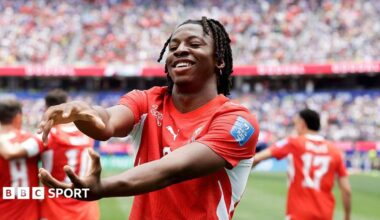 Johan Manzambi celebrates after scoring for Switzerland at the World Cup