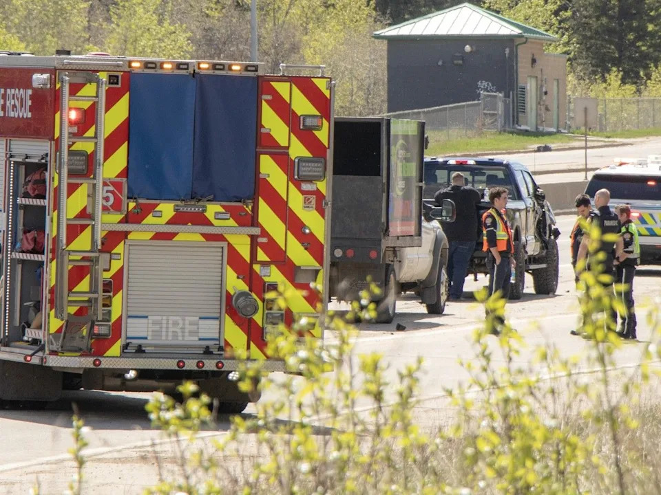 Edmonton police investigate a crash in which a person was killed by a truck on Wayne Gretzky Drive just north of the 106 Avenue off-ramp on May 21, 2026.