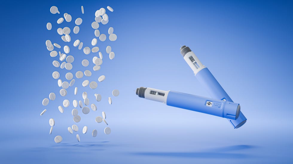 Weight loss pills now available: Two dosing pens for subcutaneous injection of antidiabetic medication or anti-obesity medication hovering over a blue background together with some pills of GLP-1. weight loss pills now available: two dosing pens for subcutaneous injection of antidiabetic medication or anti obesity medication hovering over a blue background together with some pills of glp 1.