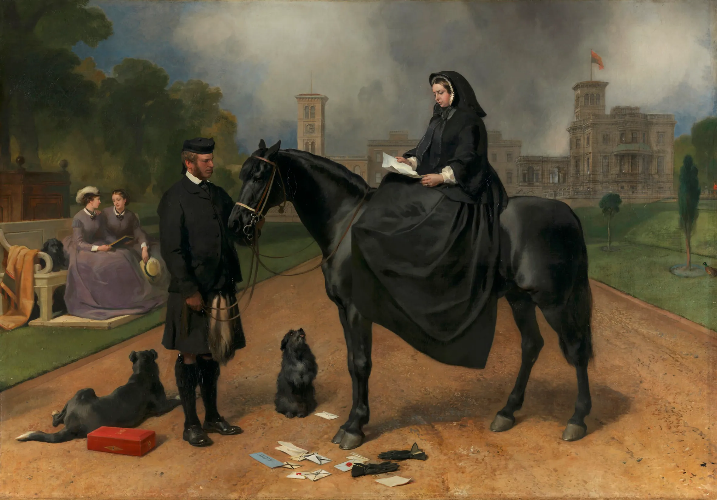Painting of Queen Victoria on horseback reading a letter, with John Brown holding the reins, and other attendants and dogs in a landscape.