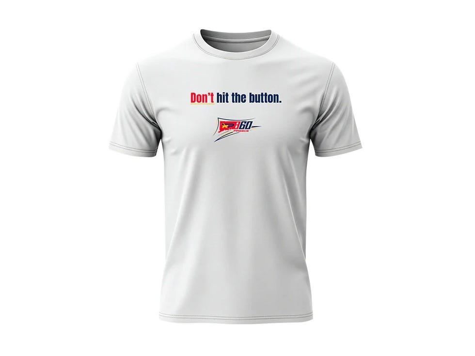 white t shirt with text "don't hit the button" and logo. white t shirt with text "don't hit the button" and logo.