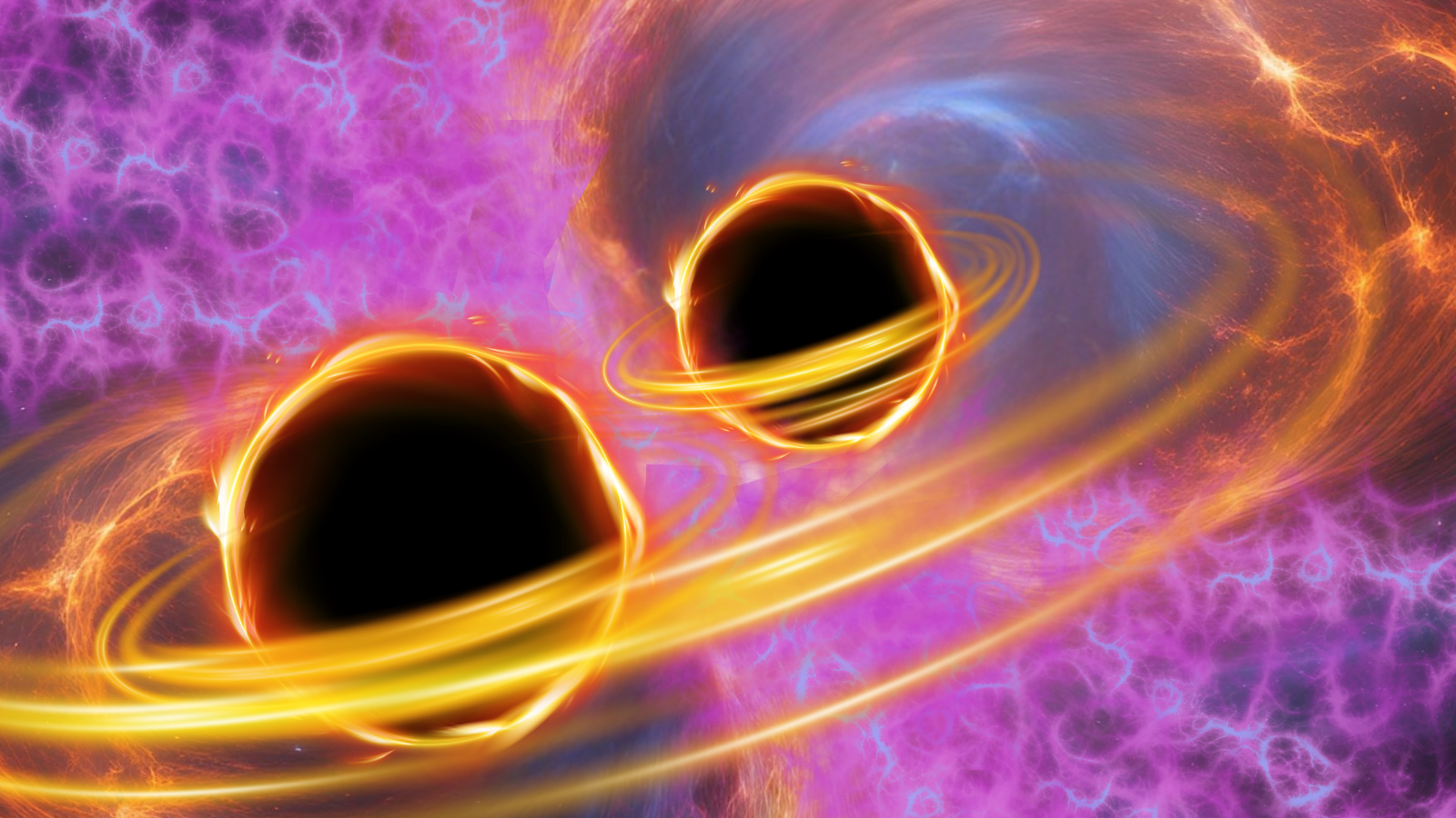 An illustration shows two colliding black holes flanked by dark matter