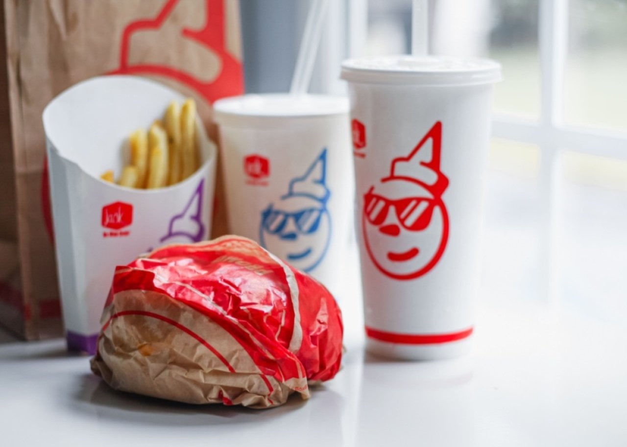 A burger, fries and drinks from Jack in the Box. -