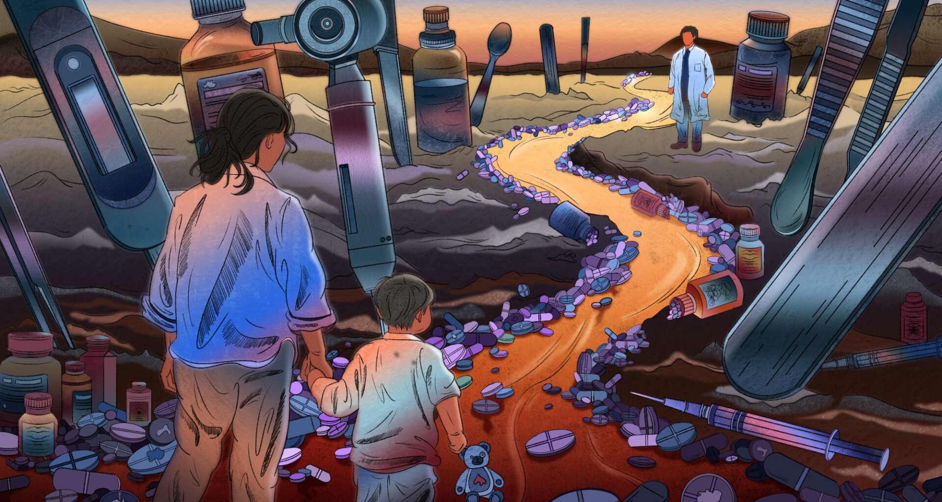A cartoon of a woman holding the hand of her child as they walk down a path hedged by overlarge medical supplies. A doctor stands at the end of the path in a white coat.