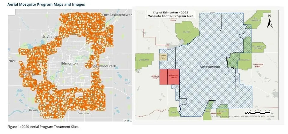 A comparison of where the city used to do aerial spraying for mosquitoes (left) to what is says is its current zone of pest control (right.) Astute readers may notice the two areas are pretty much the same — that’s because the city still monitors the areas it used to spray from the air.