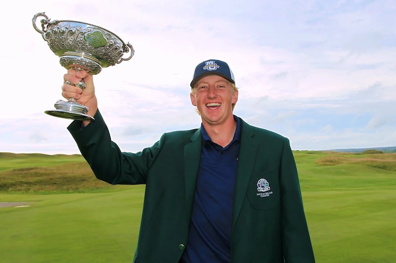 Patrick Adler after winning the South of Ireland title at Lahinch Golf Course in 2024. Photograph: Niall O'Shea