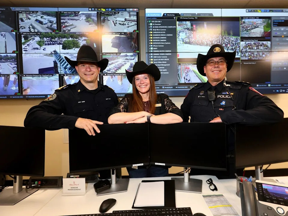 L-R, Deputy Chief Coby Duerr, Calgary Emergency Management Agency, Kerrie Blizard, Director, Public Safety & Environment, Calgary Stampede and Inspector JF Dery, Calgary Police Service during a behind-the-scenes look at the Stampede Park Operations Centre.