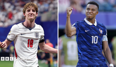 A split image of England's Anthony Gordon and France captain Kylian Mbappe