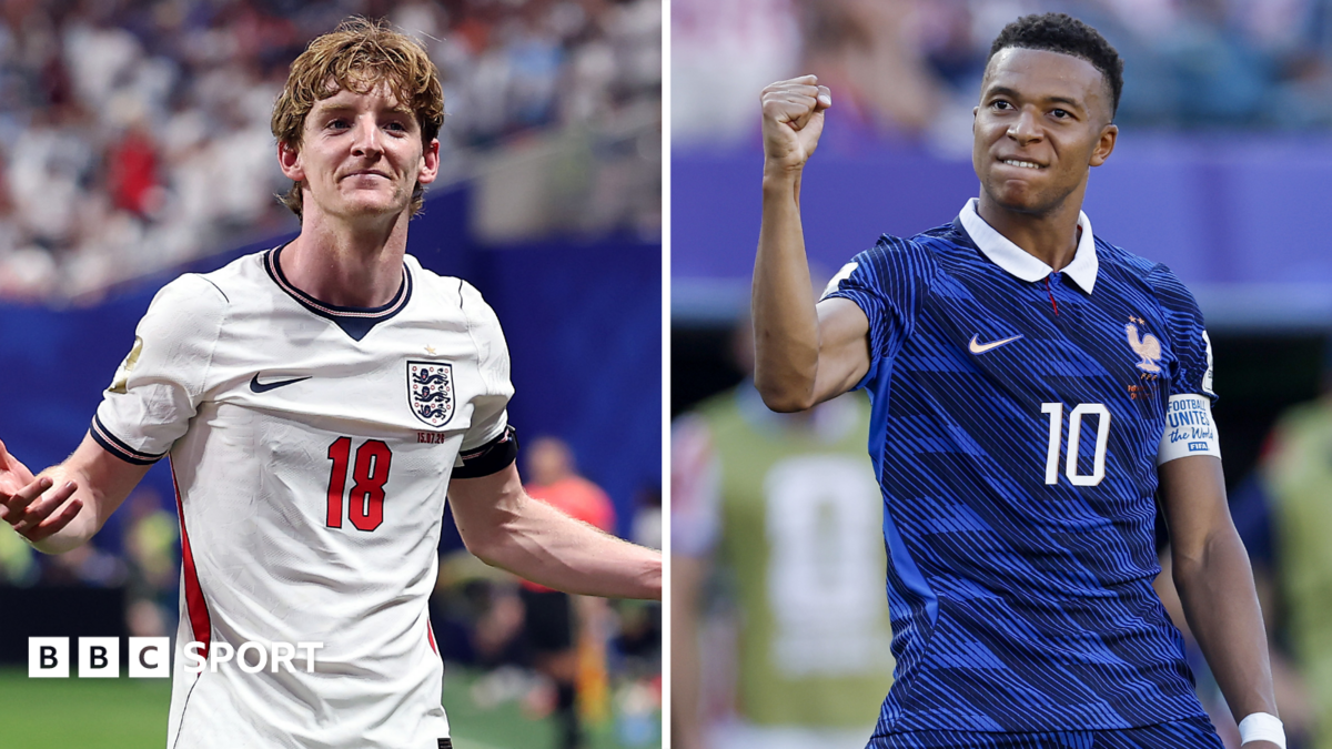 A split image of England's Anthony Gordon and France captain Kylian Mbappe