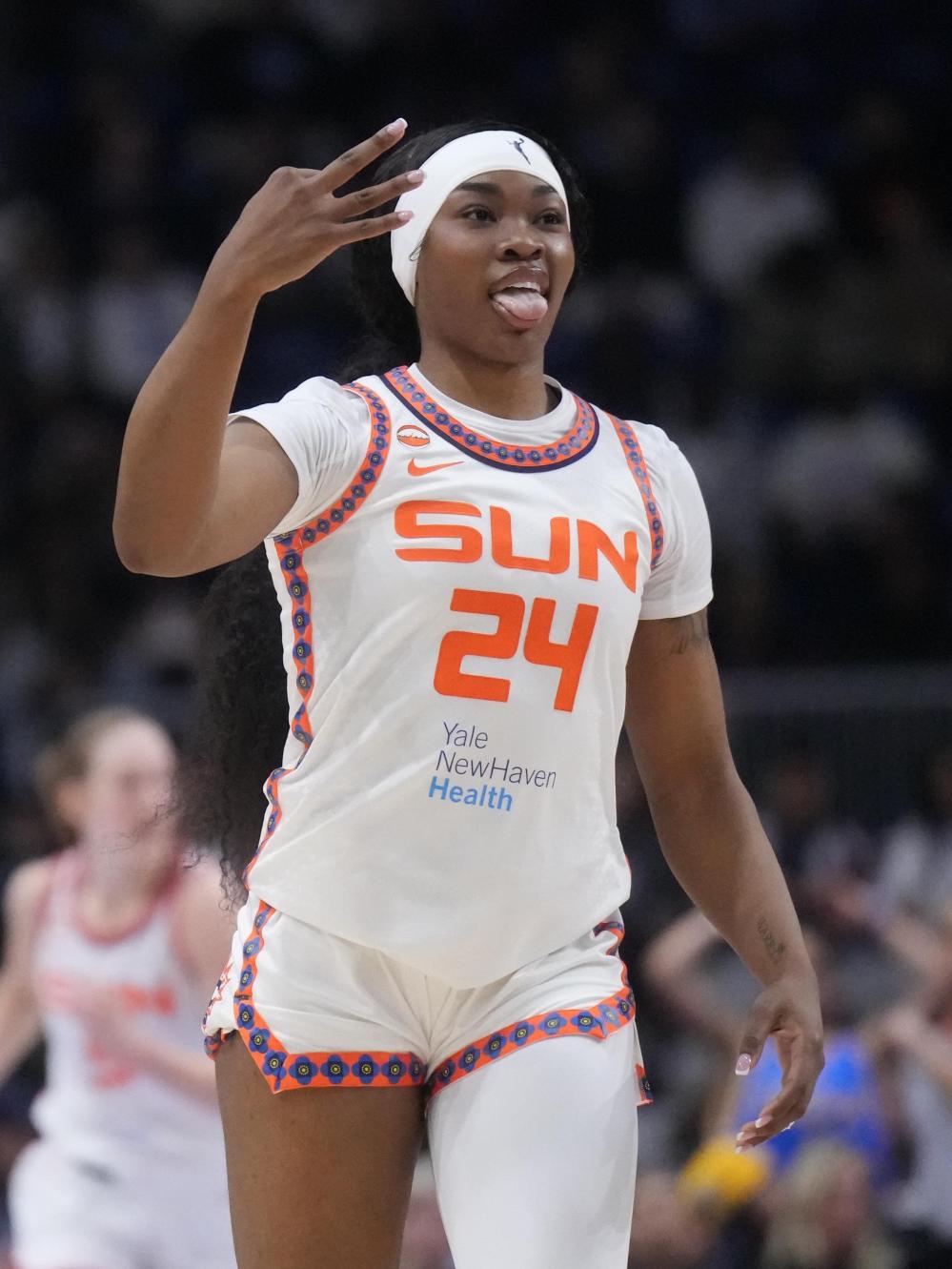 Aneesah Morrow reacts after making a three-pointer for the Connecticut Sun against the Tempo in Toronto on Wednesday, April 29, 2026. THE CANADIAN PRESS/Nathan Denette
