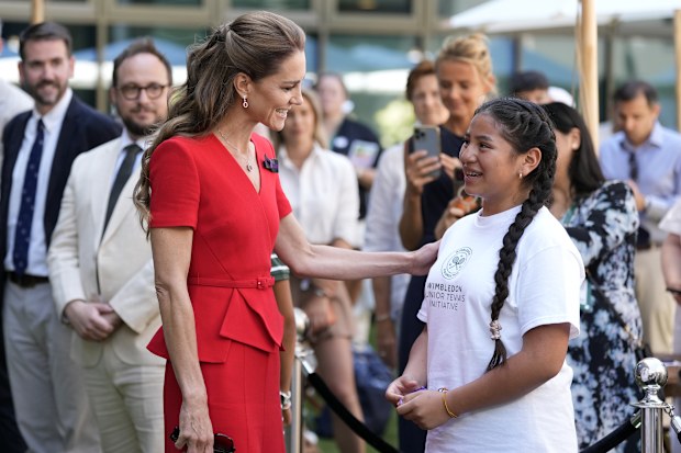  Kate, Princess of Wales speaks with Shirley Rodriguez Yugsi, representing the Wimbledon Junior Tennis Initiative at the Wimbledon tennis championships in London, Saturday, July 11, 2026.