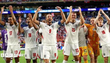 England players celebrate reaching the World Cup semi-final