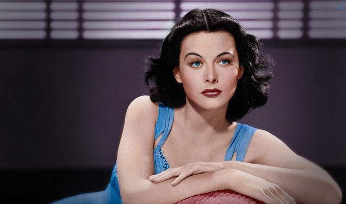 A colorized publicity portrait of actress Hedy Lamarr for MGM Studios. Photo from Instagram