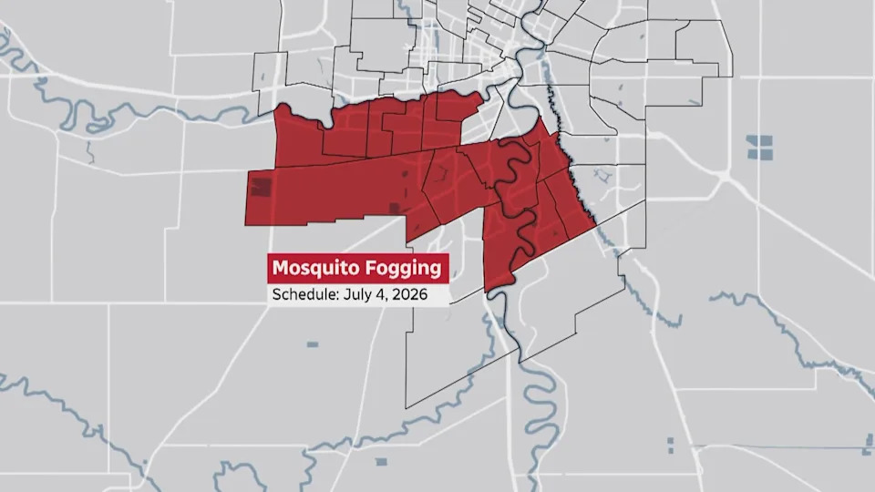 A map shows the insect management areas where the city will begin fogging on July 4, 2026.