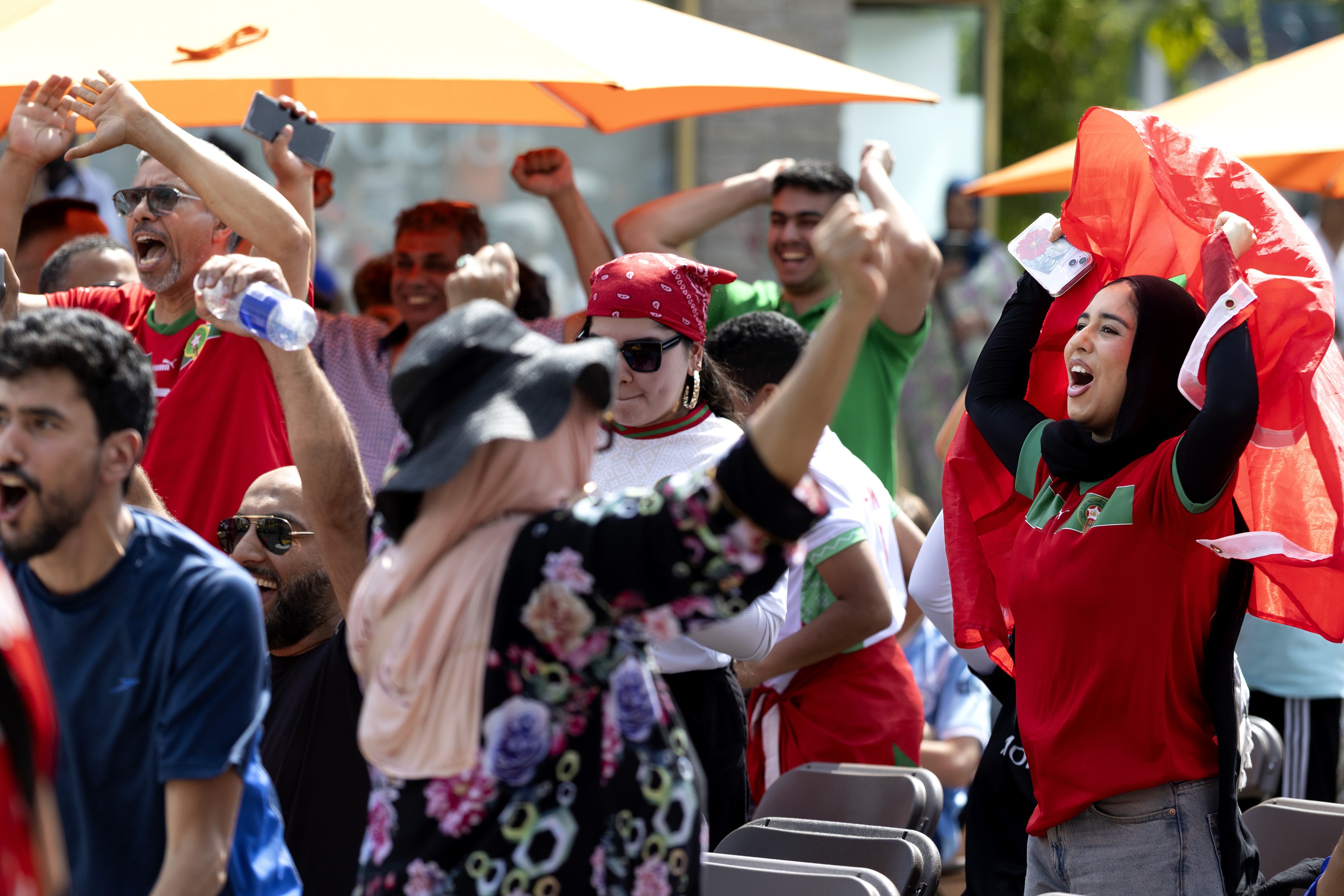 Soccer fans celebrate a win. 