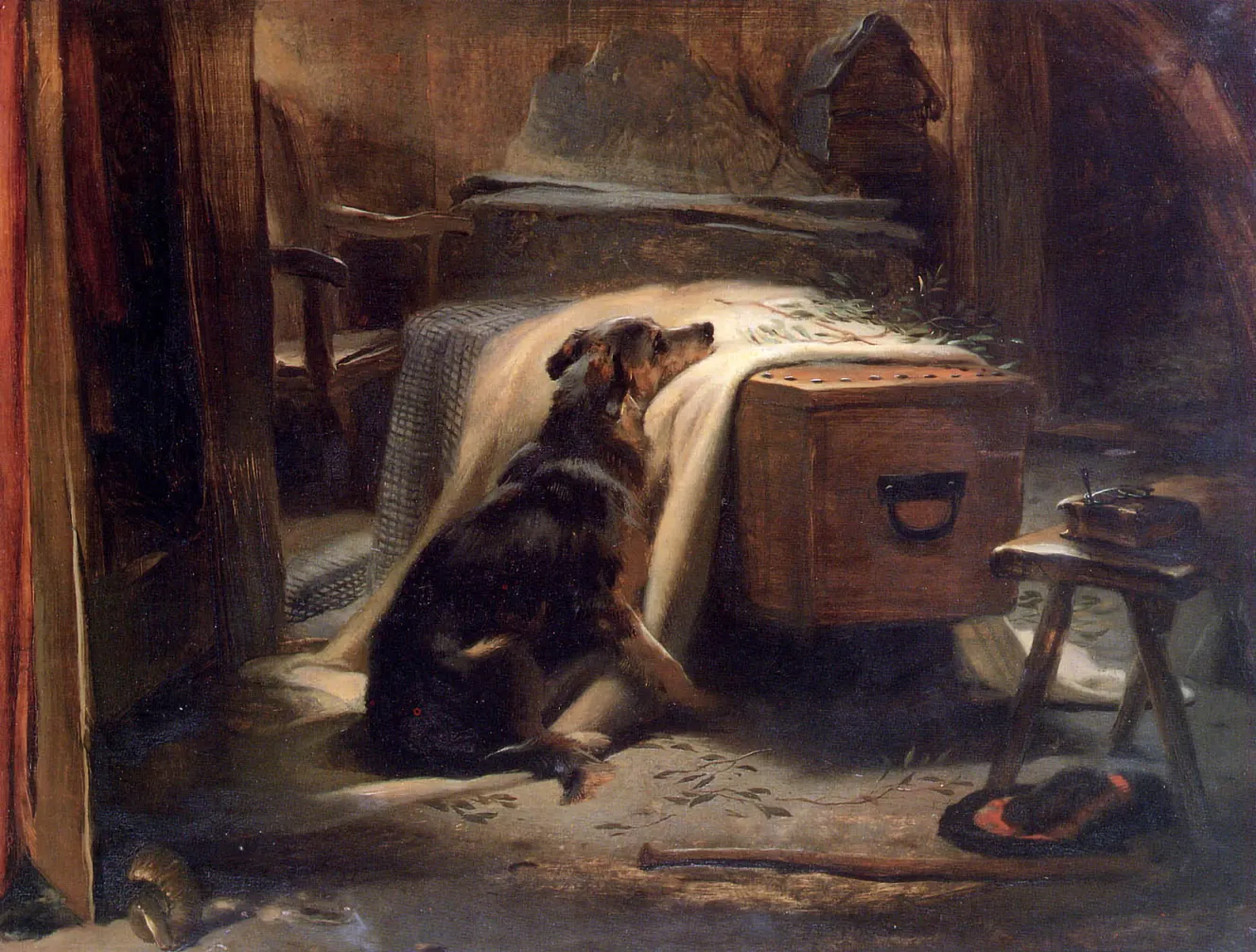 Illustration of a dog resting its head on a blanket-draped coffin, mournfully looking up.