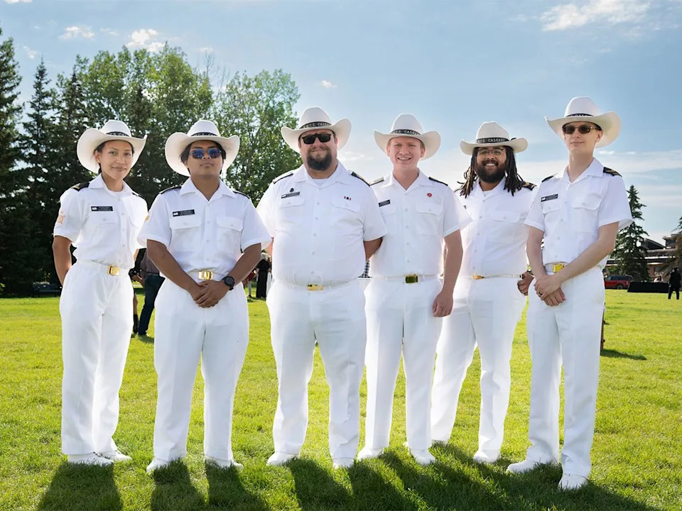Members of the HMSC and Canadian Armed Forces pose for a photo at the Legacy Stampede Breakfast at Heritage Park in Calgary on Sunday, July 5, 2026.