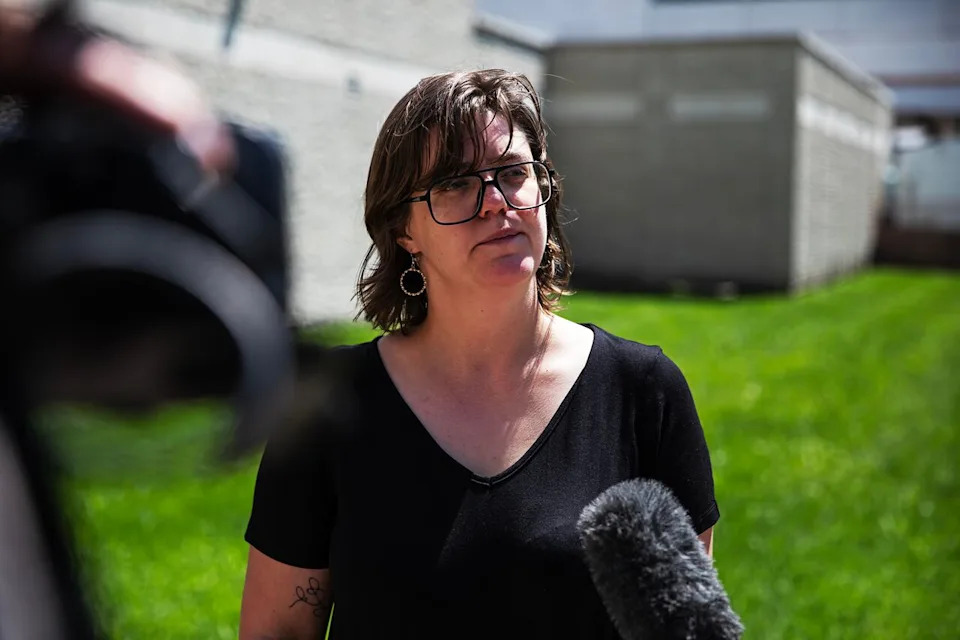 Bronwyn Dobchuk-Land, associate professor of criminology at the University of Winnipeg, at a rally outside the Winnipeg Remand Centre for Kiana Everett on Monday, July 6, 2026.