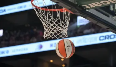 Jul 12, 2026; Montreal, Quebec, CAN; WNBA logo on ball and the net during the first half of a game. Mandatory Credit: Eric Bolte-Imagn Images