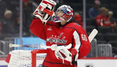 Washington Capitals goaltender Zach Fucale (60) takes a drink during the second period against Buffalo Sabres at Capital One Arena.
