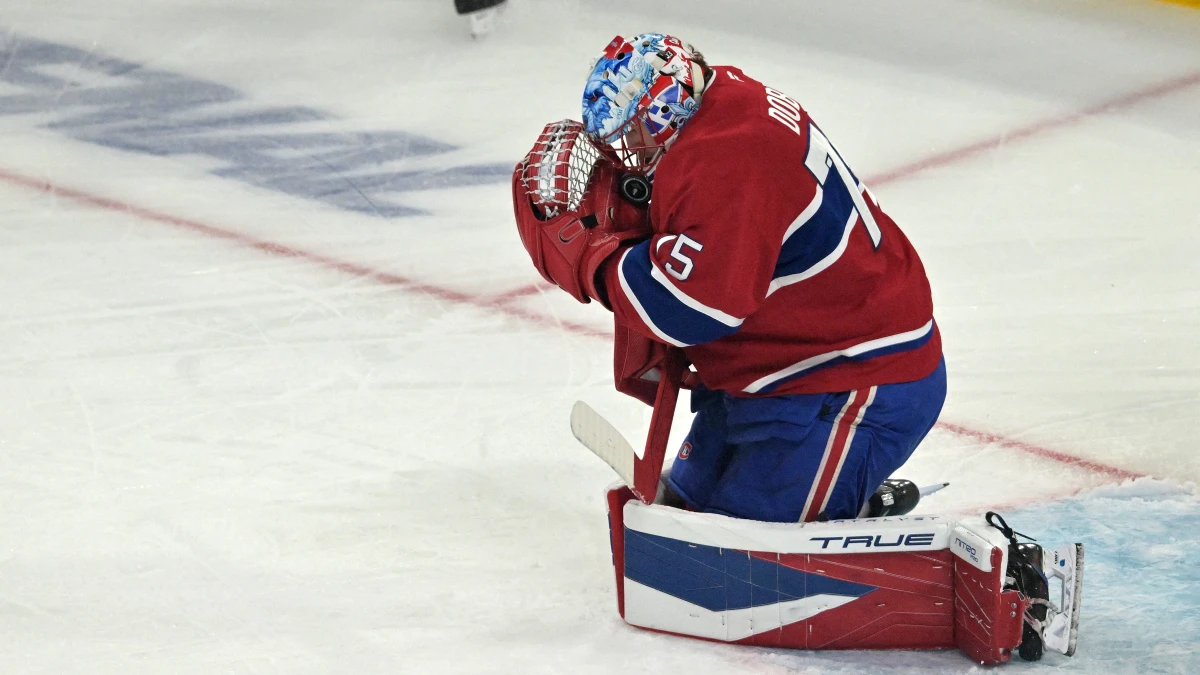 Montreal Canadiens goaltender Samuel Montembeault (35) makes a save against the Carolina Hurricanes during the first period in game four of the Eastern Conference Final of the 2026 Stanley Cup Playoffs at Bell Centre.