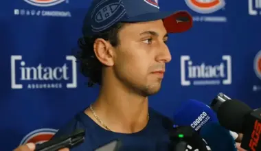 Montreal Canadiens prospect Michael Hage addresses the media.
