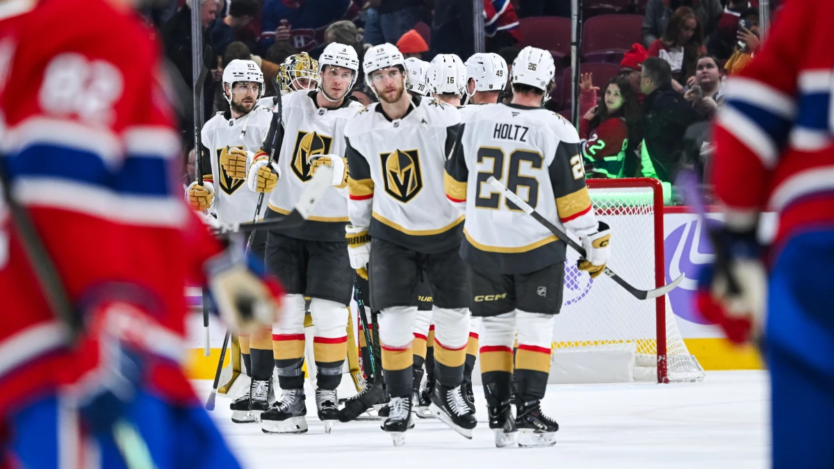 Vegas Golden Knights players celebrate their victory over the Montreal Canadiens after the game at the Bell Centre.