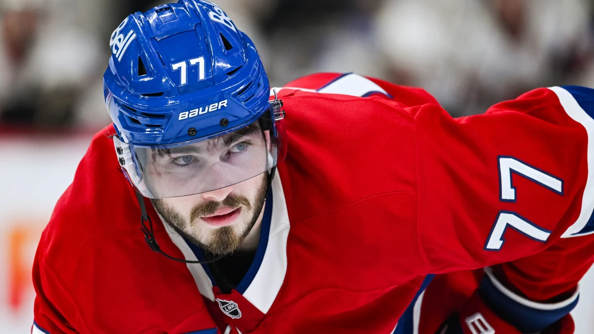 Montreal Canadiens center Kirby Dach (77) waits for a face-off against the Ottawa Senators during the third period at Bell Centre.