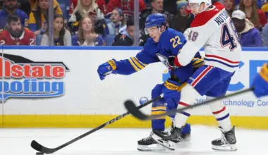 Buffalo Sabres right wing Jack Quinn (22) tries to control the puck as Montr&eacute;al Canadiens defenseman Lane Hutson (48) defends during the third period at KeyBank Center.
