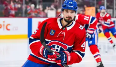 Montreal Canadiens defenseman Alexandre Carrier (45) looks on during warm-up before the game against the Boston Bruins at Bell Centre.