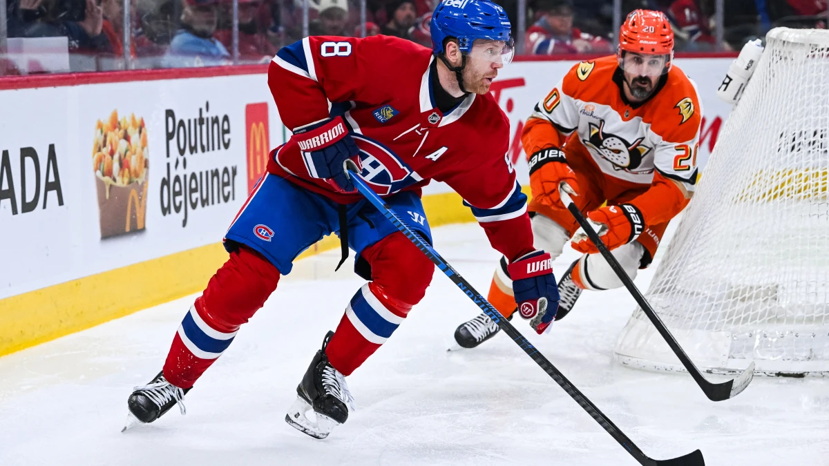 Montreal Canadiens defenseman Mike Matheson (8) defends the puck against Anaheim Ducks left wing Chris Kreider (20) during the second period at Bell Centre.