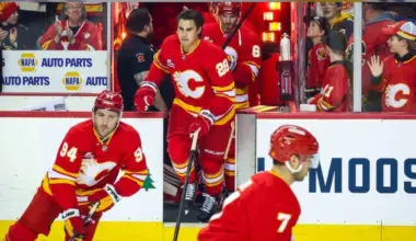 Calgary Flames defenseman Zach Whitecloud (28) takes the ice during the warmup period against the New Jersey Devils at Scotiabank Saddledome.