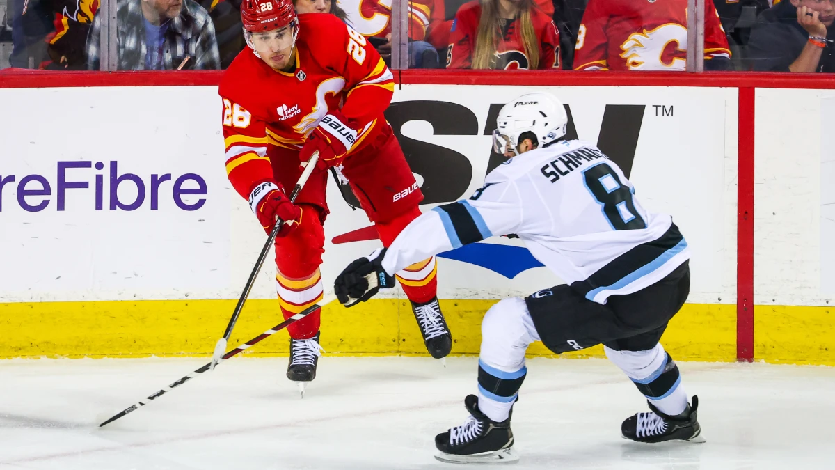 Calgary Flames defenseman Zach Whitecloud (28) controls the puck against Utah Mammoth center Nick Schmaltz (8) during the second period at Scotiabank Saddledome.