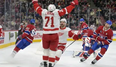 Detroit Red Wings forward Dylan Larkin (71) celebrates after scoring a goal against Montreal Canadiens goalie Sam Montembeault (35) during the first period at the Bell Centre.
